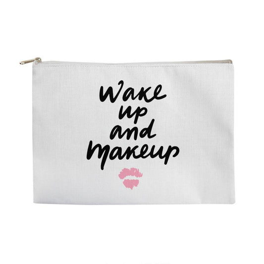 Wake Up and Makeup Large Fabric Zippered Pouch