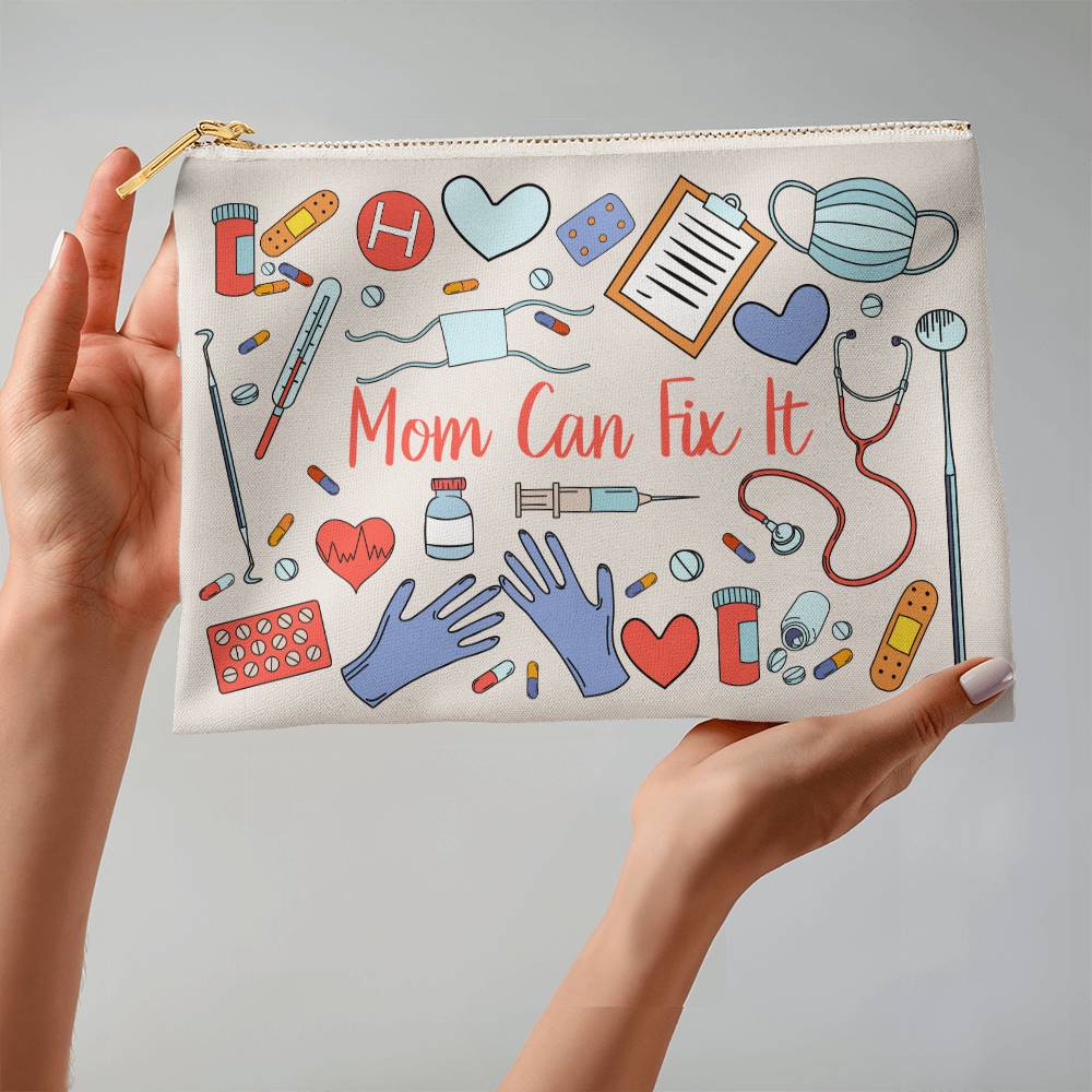 Mom Can Fix it, Fabric Zippered Pouch, Large